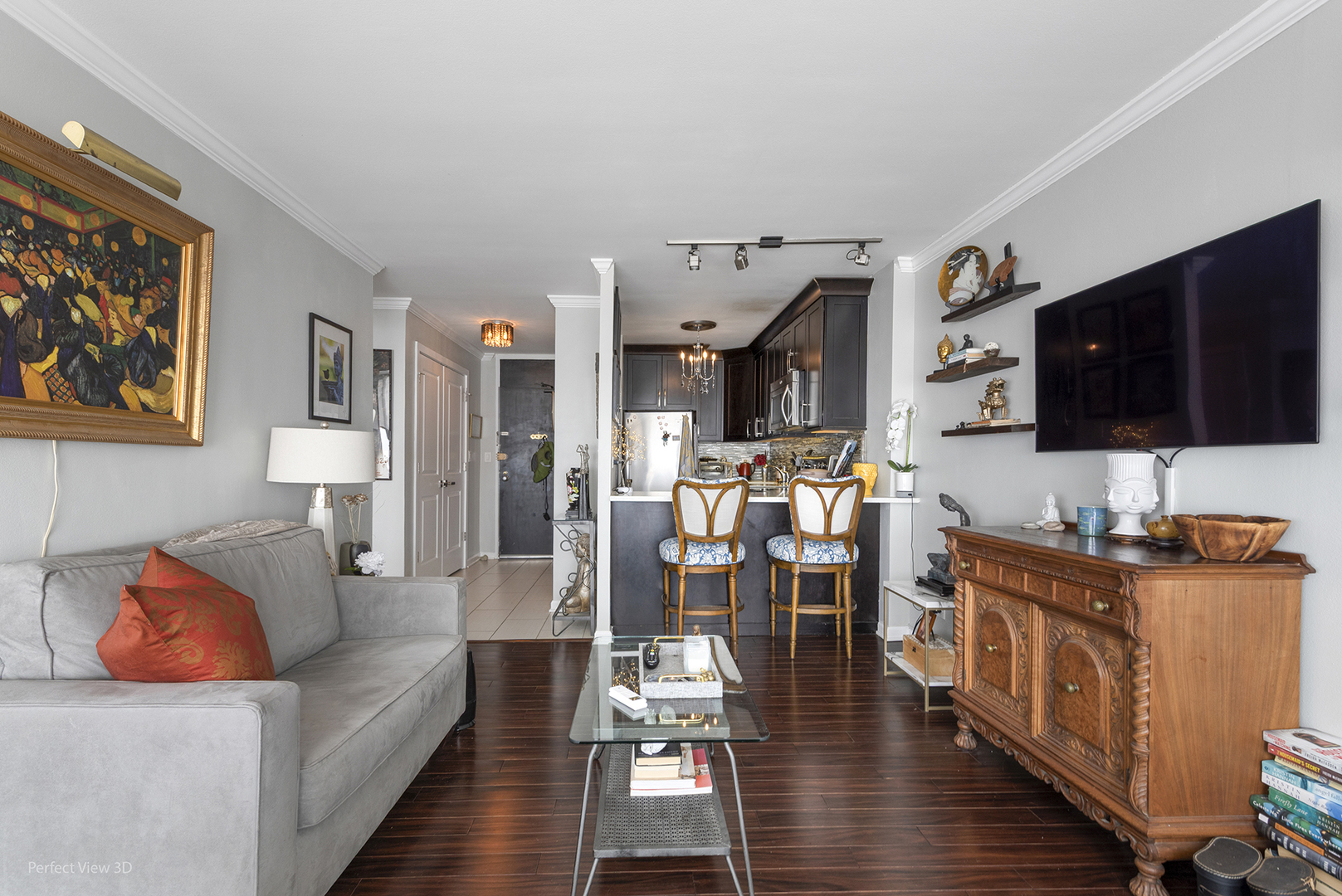 5455 North Sheridan Road, Unit 3105 Chicago, IL 60640 - Photo 8 of 18 a living room with furniture kitchen view and a flat screen tv