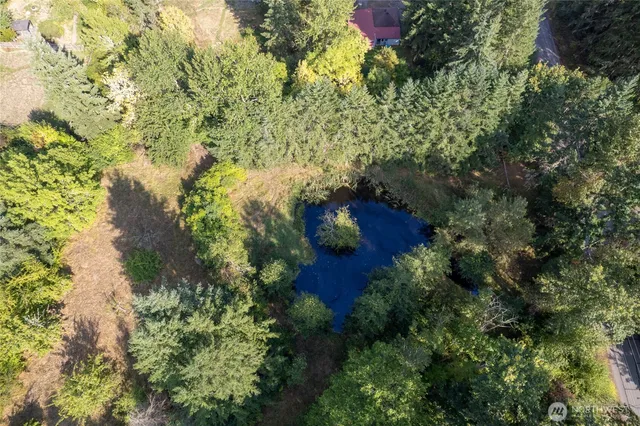 an aerial view of residential house with outdoor space and trees all around