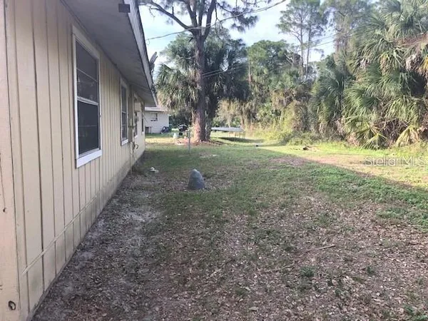 a view of a yard with plants and trees