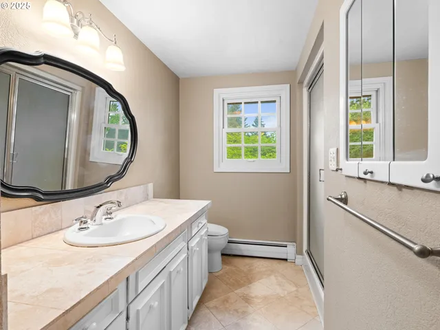 a bathroom with a granite countertop sink toilet and a mirror
