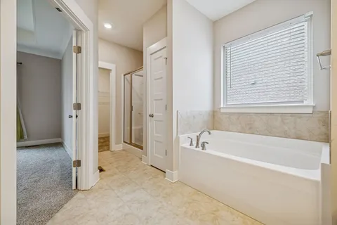 a bathroom with a bathtub and a shower