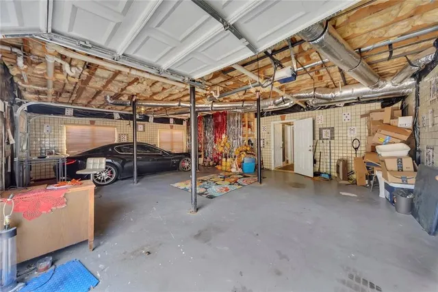 a view of a garage with storage