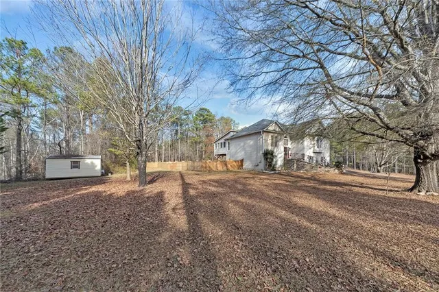 a view of a yard with a large tree