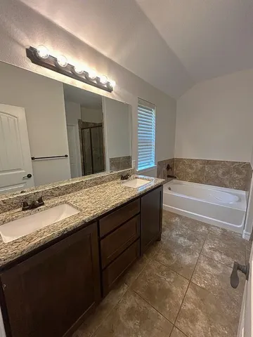 a bathroom with a granite countertop bathtub sink and a mirror