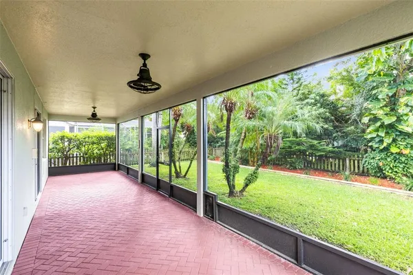 a view of a garden from deck