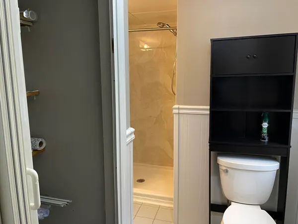 a bathroom with a toilet and a shower