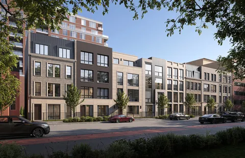 a front view of a building with street view