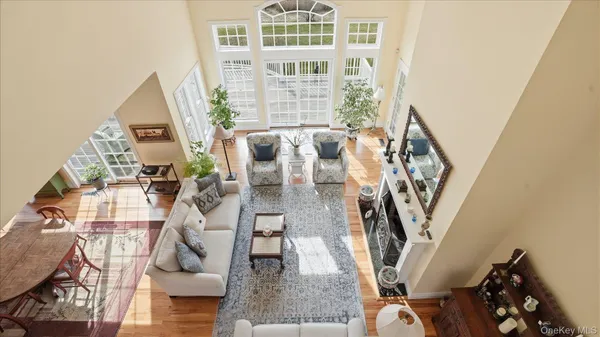 a view of an ocean with furniture