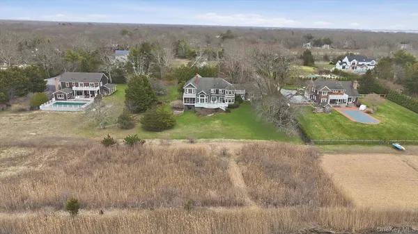 an aerial view of a house with a garden