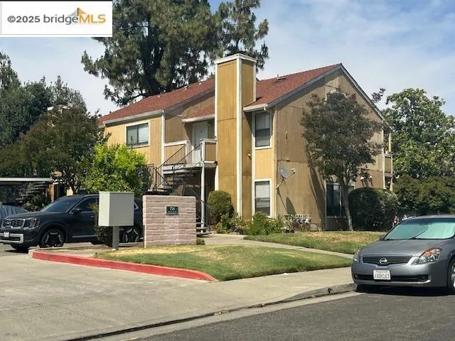 a front view of a house with a garden and tree