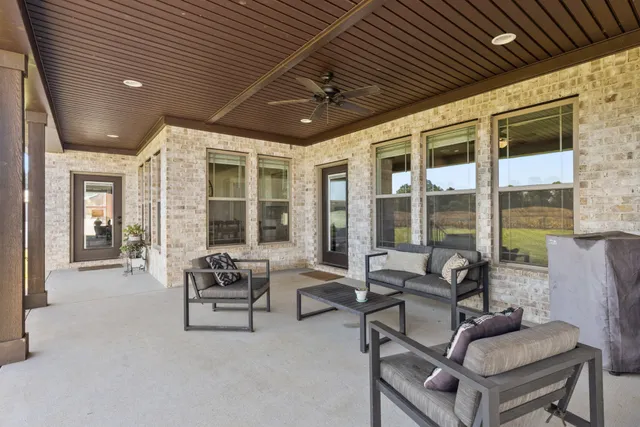 a building outdoor space with patio furniture