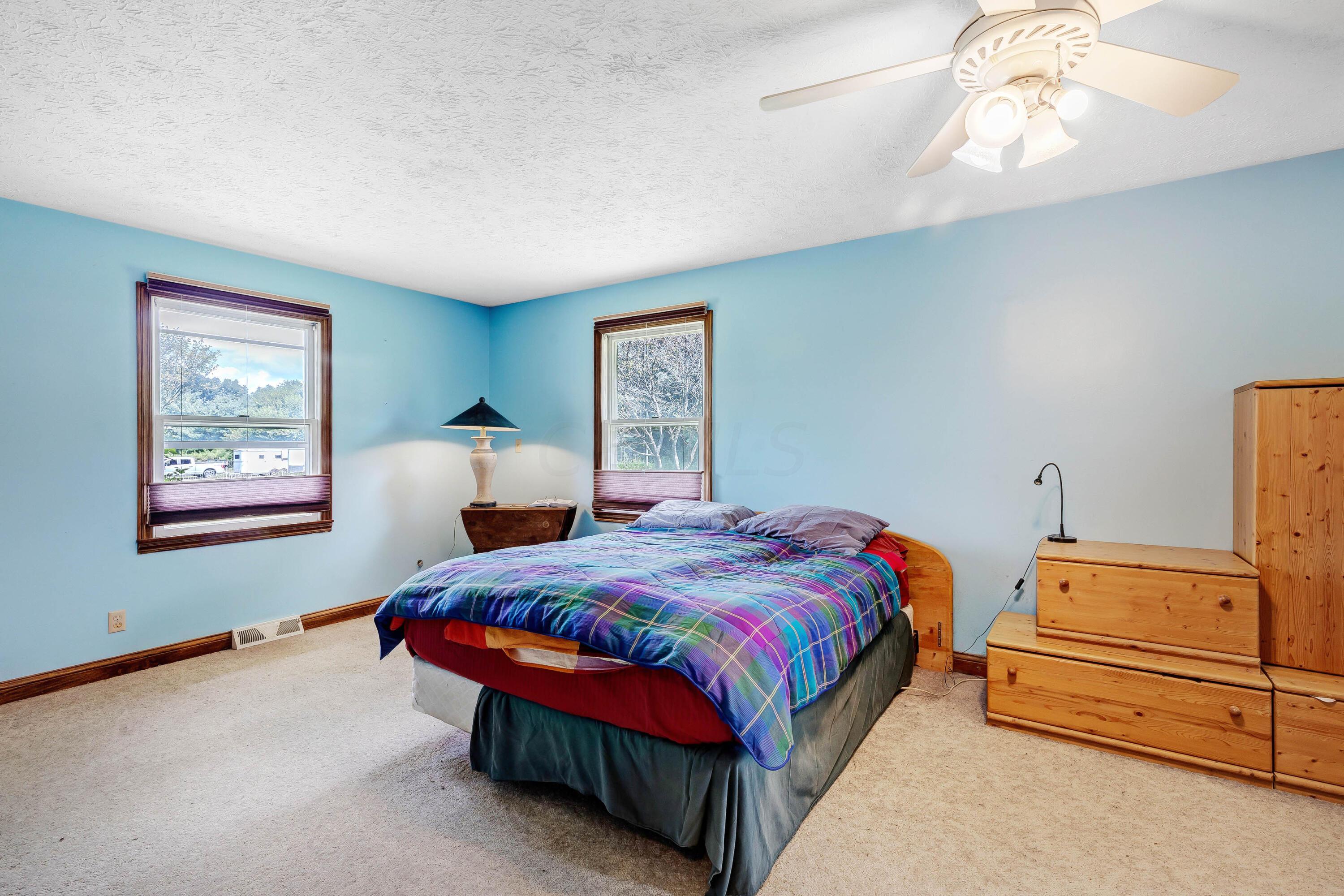 8558 Morris Road Hilliard, OH 43026 - Photo 11 of 74 • Tan carpet • Blue painted walls • Lighted ceiling fan • Up/down shades