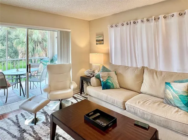 a living room with furniture rug and a large window