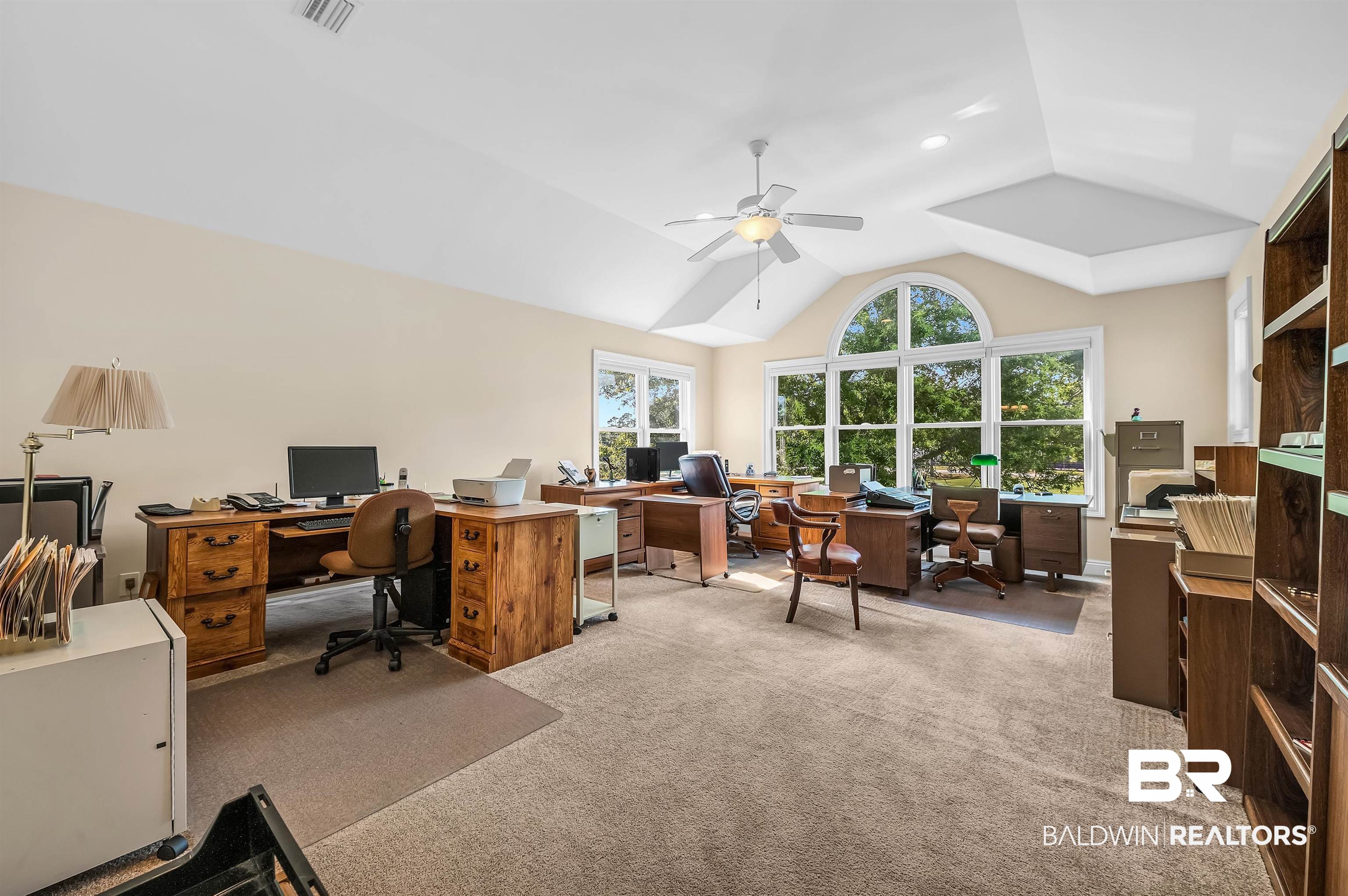 22739 Inverness Way Foley, AL 36535 - Photo 52 of 80 Office with ceiling fan, light colored carpet, and lofted ceiling