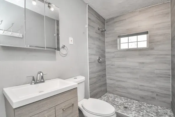 a bathroom with a sink a toilet and shower