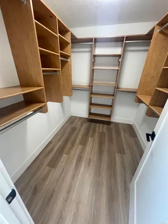 a view of walk in closet with empty racks