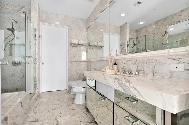 a bathroom with a double vanity sink mirror and toilet