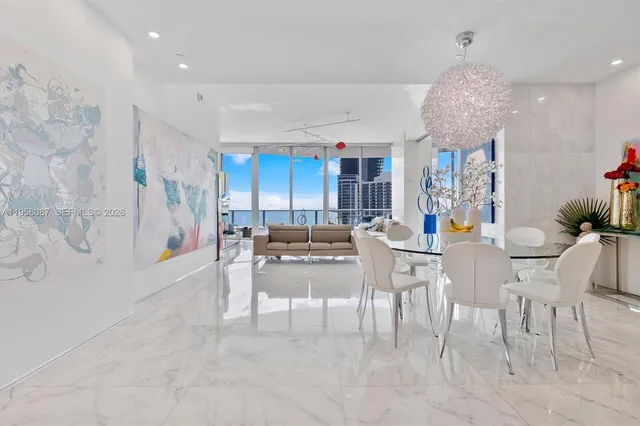 a view of a dining room with furniture