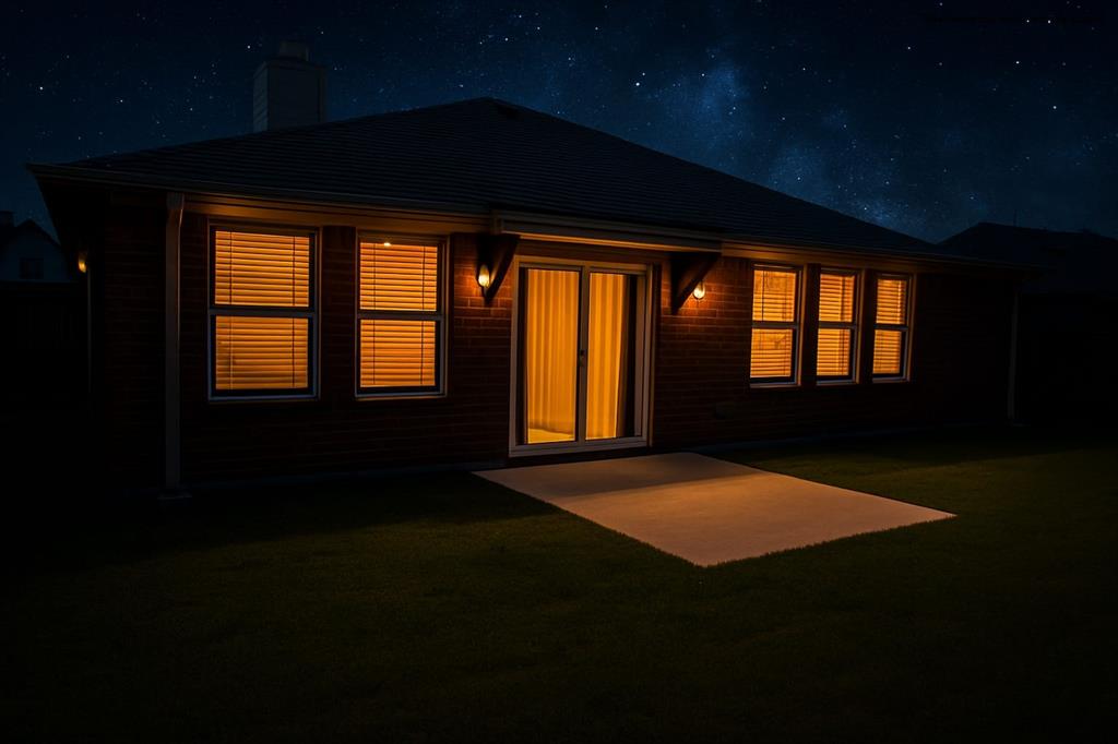 616 England Street Fate, TX 75189 - Photo 35 of 40 Back of house at twilight featuring a chimney, a patio area, and a lawn