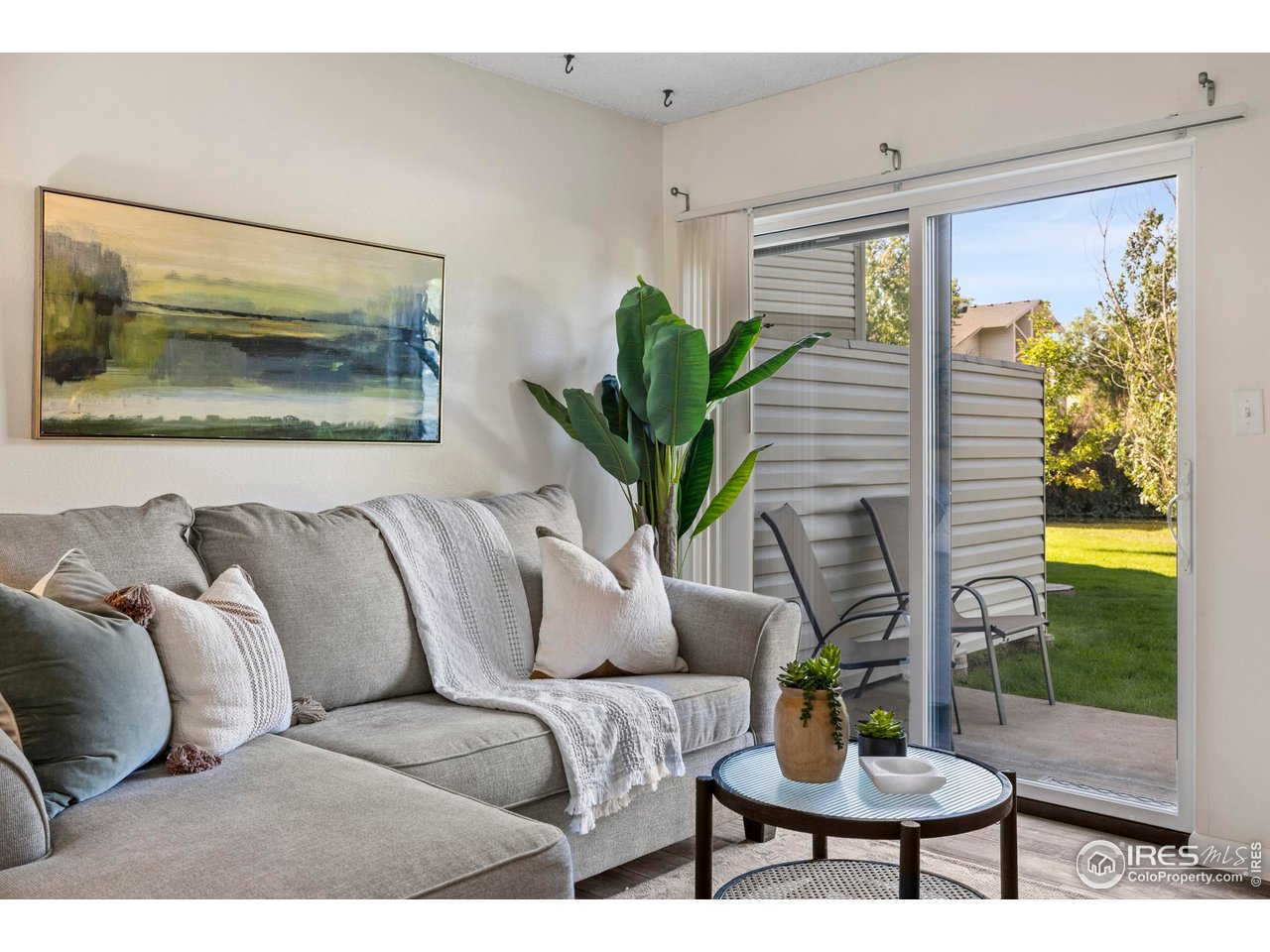 a living room with furniture and a potted plant