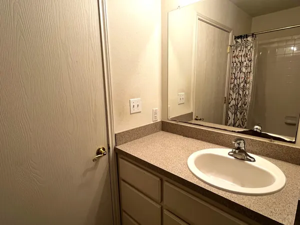 a bathroom with a sink and a mirror