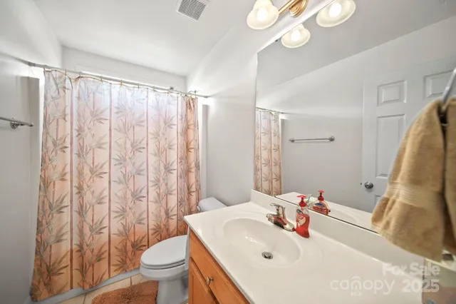 a bathroom with a sink a toilet and shower curtain
