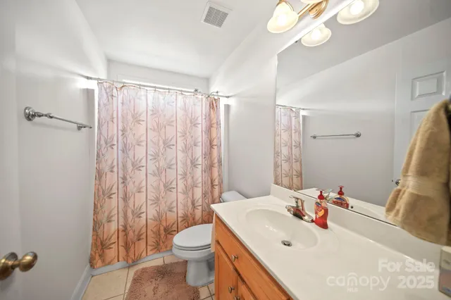 a bathroom with a sink a toilet and shower curtain