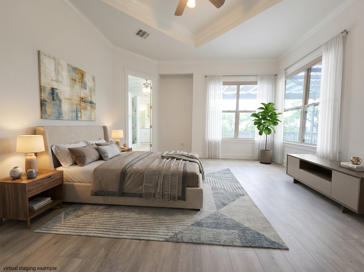 2800 Waymaker Way, Unit 24 Austin, TX 78746 - Photo 5 of 14 Spacious bedroom featuring light wood-finish flooring, a tray ceiling, and multiple large windows