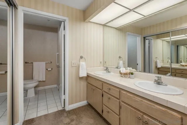 a bathroom with a sink double vanity and a toilet