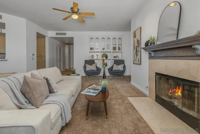a living room with furniture and a fireplace