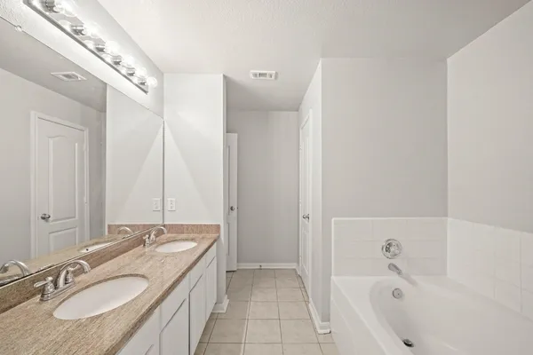 a bathroom with a granite countertop tub sink and mirror
