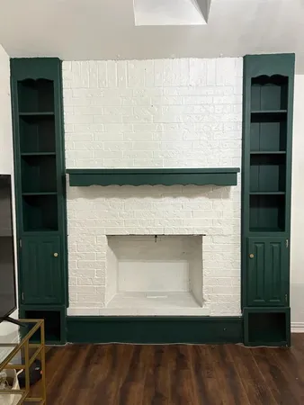 a living room with a fireplace