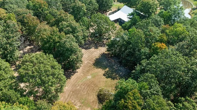 a aerial view of a house with a yard and lake view