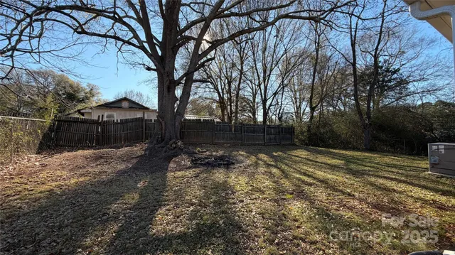 a view of a yard with wooden fence and a large tree