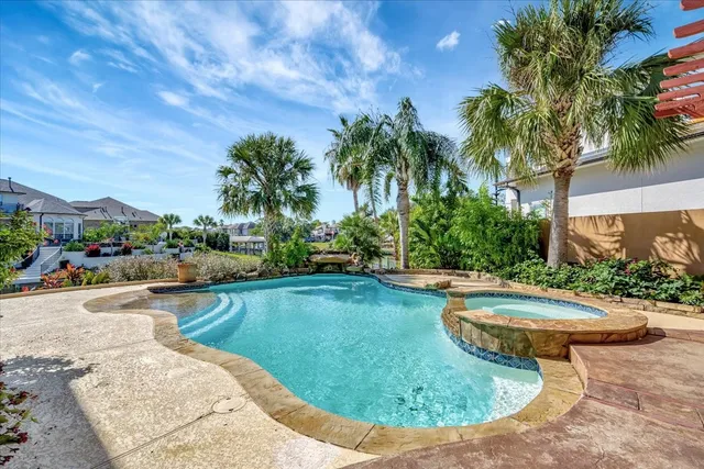 a view of a swimming pool with a yard and plants