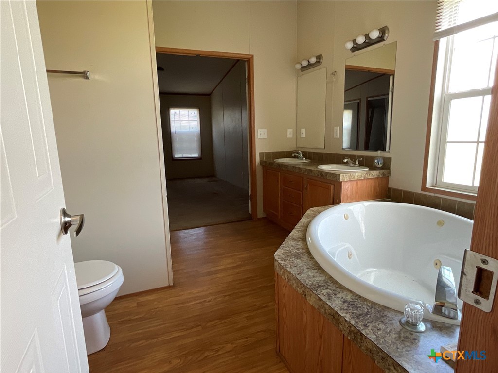 383 County Road 233 Hallettsville, TX 77964 - Photo 22 of 48 a bathroom with a granite countertop sink and a mirror