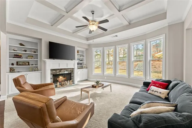 a living room with furniture ceiling fan and a rug