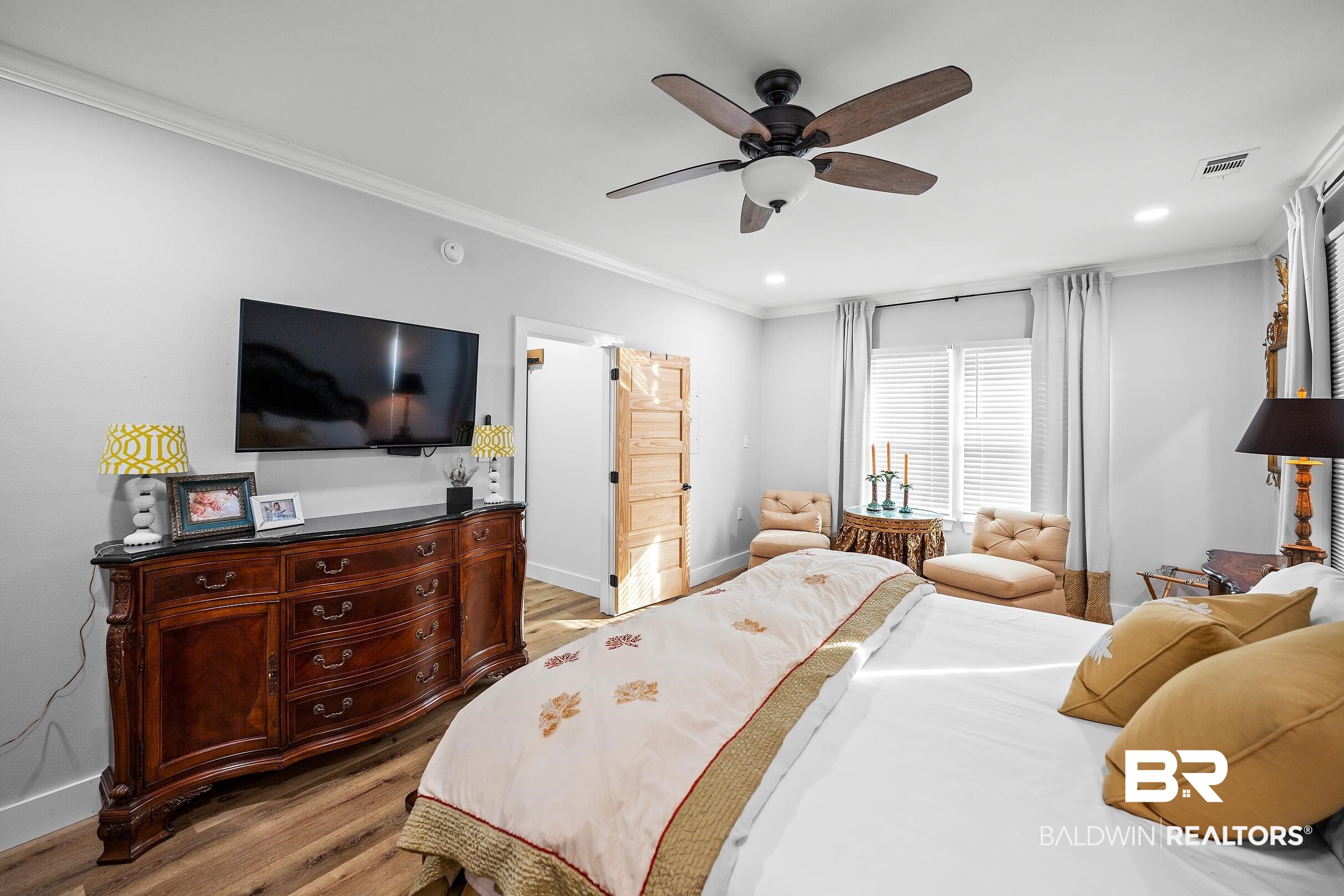 8490 Bay View Drive Foley, AL 36535 - Photo 60 of 67 Bedroom with light wood-style flooring, ornamental molding, a ceiling fan, and recessed lighting