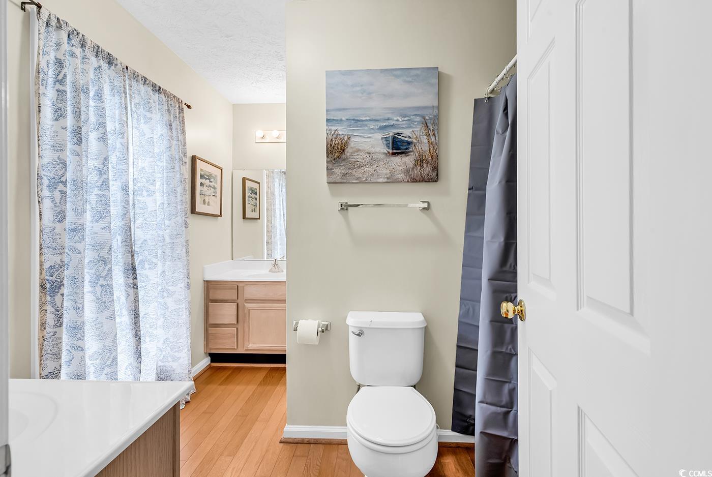 17 South Oak Drive Surfside Beach, SC 29575 - Photo 23 of 38 Bathroom featuring wood finished floors, vanity, toilet, and baseboards