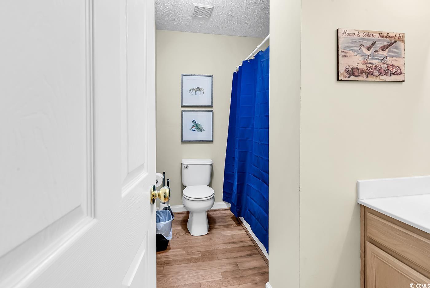 17 South Oak Drive Surfside Beach, SC 29575 - Photo 30 of 38 Bathroom featuring wood finished floors, toilet, vanity, a textured ceiling, and a shower with shower curtain