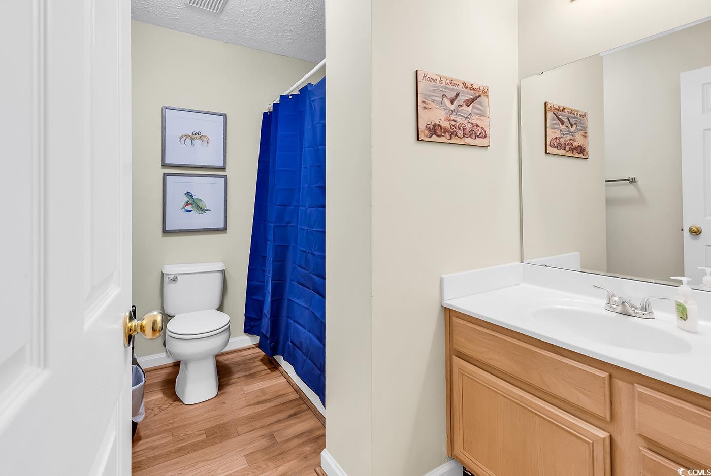 17 South Oak Drive Surfside Beach, SC 29575 - Photo 31 of 38 Bathroom featuring wood finished floors, toilet, baseboards, vanity, and a textured ceiling