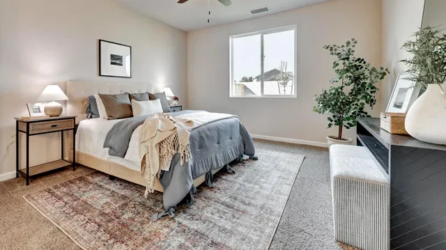 a bed room with a bed and a potted plant