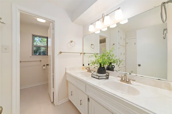 a bathroom with a sink a large mirror and a shower