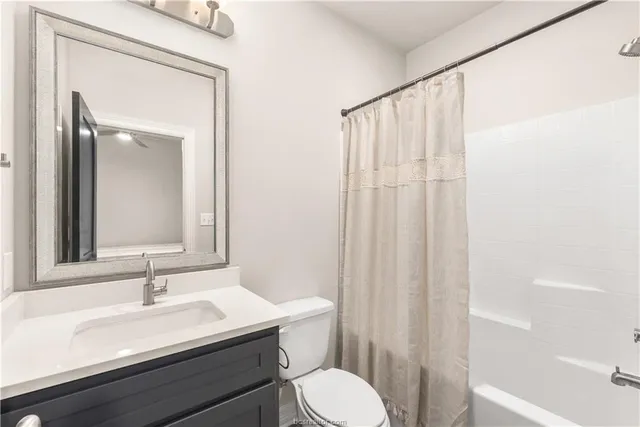 a bathroom with a sink a toilet and shower curtain