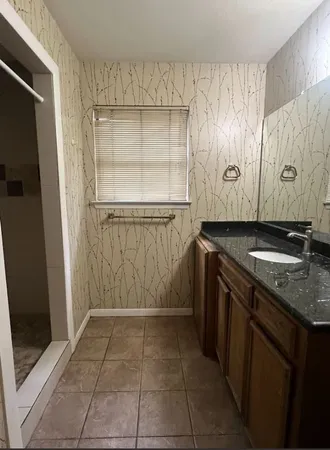 a bathroom with a granite countertop sink a mirror and a shower