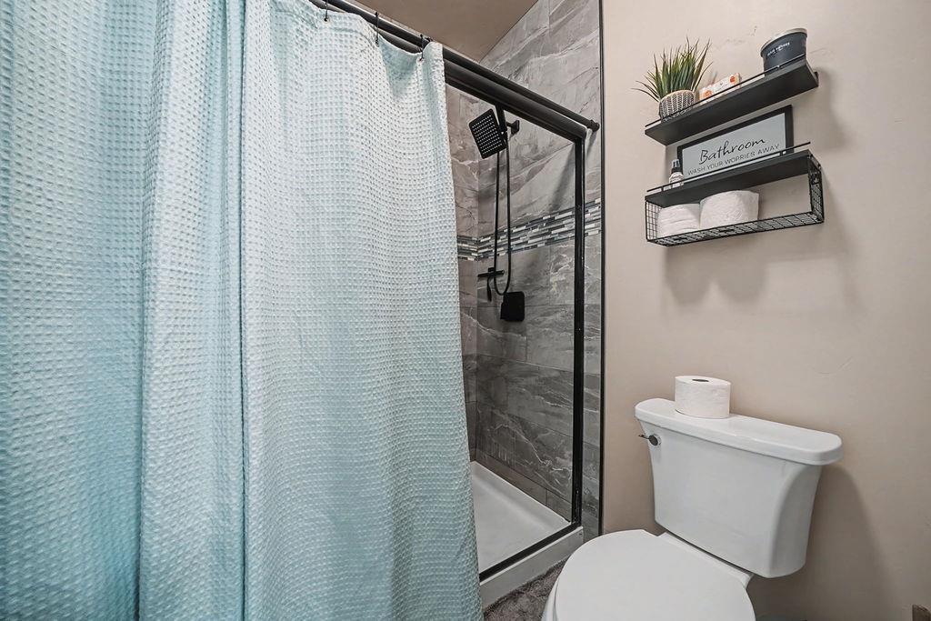 9515 Ham Luddy Road Mountain Ranch, CA 95246 - Photo 35 of 92 a white toilet sitting next to a shower curtain