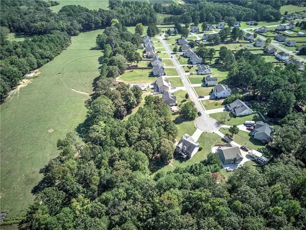 an aerial view of residential houses with outdoor space and trees all around