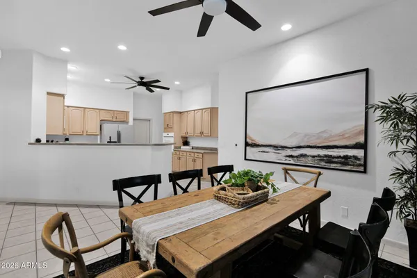a view of a dining room with furniture