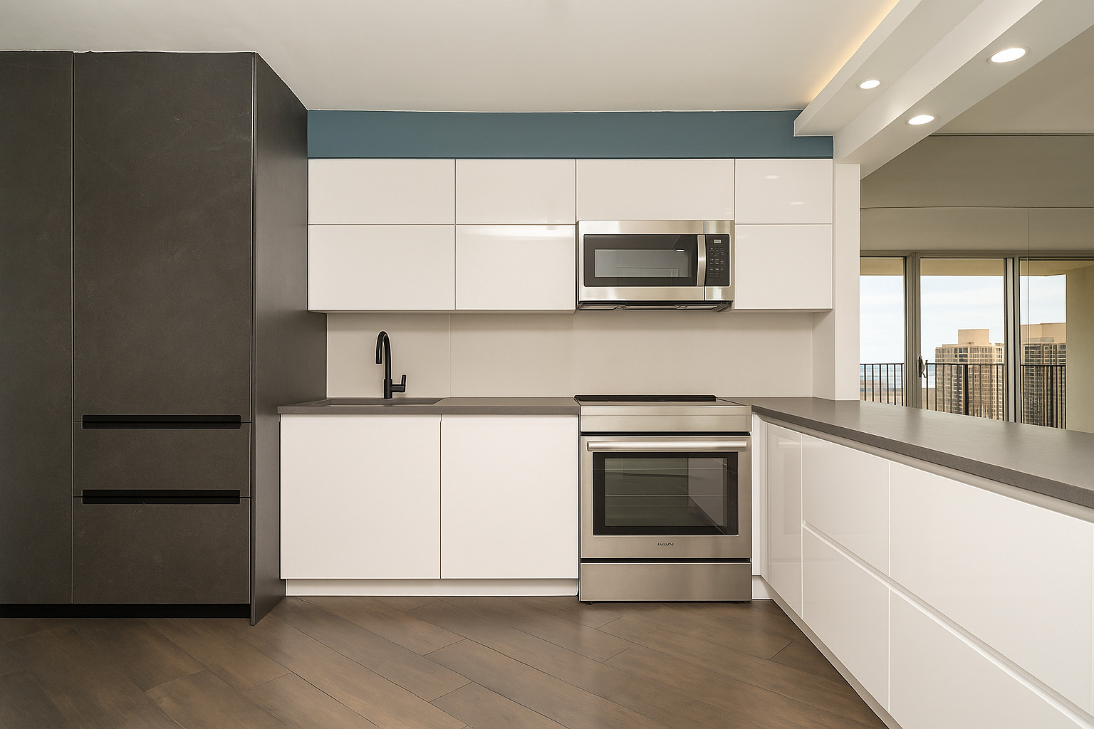 300 North State Street, Unit 5503 Chicago, IL 60654 - Photo 7 of 12 a kitchen with stainless steel appliances a stove microwave and sink
