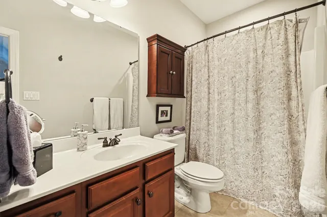 a bathroom with a sink a toilet and shower curtain